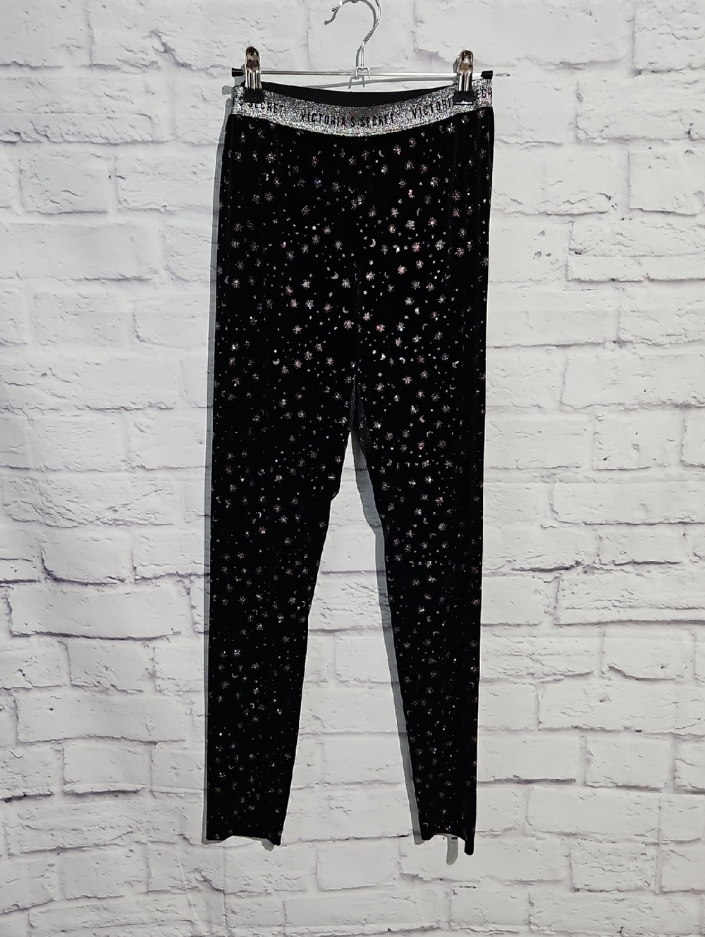 Victoria's Secret Black Velvet Star-Print Leggings with Silver Glitter Waistband